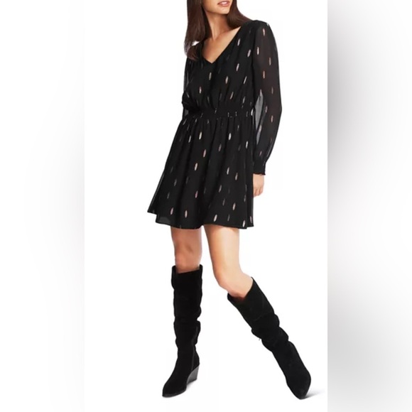 1. State Black Smocked Metallic Print Mini Dress.  Sz M - Picture 2 of 10